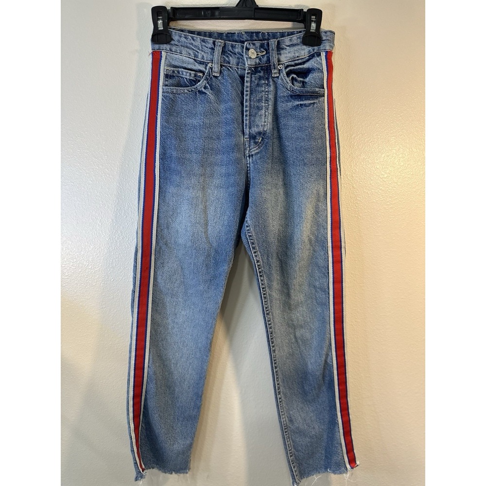 Zara Light Blue Skinny Jeans with Red & Navy Side Stripes